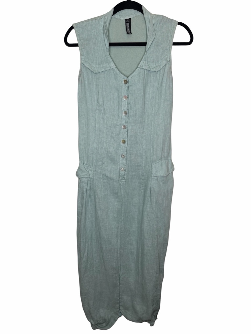 ONZ Italy Linen Maxi Dress Button Front Bubble Hem Sage Sz M Lagenlook Artsy